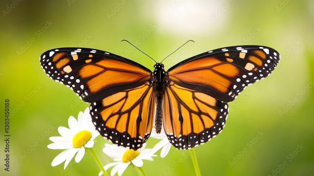 Vibrant Monarch Butterfly Resting on Daisies in a Lush Green Garden Setting Vibrant Monarch Butterfly Resting on Daisies in a Lush Green Garden Setting