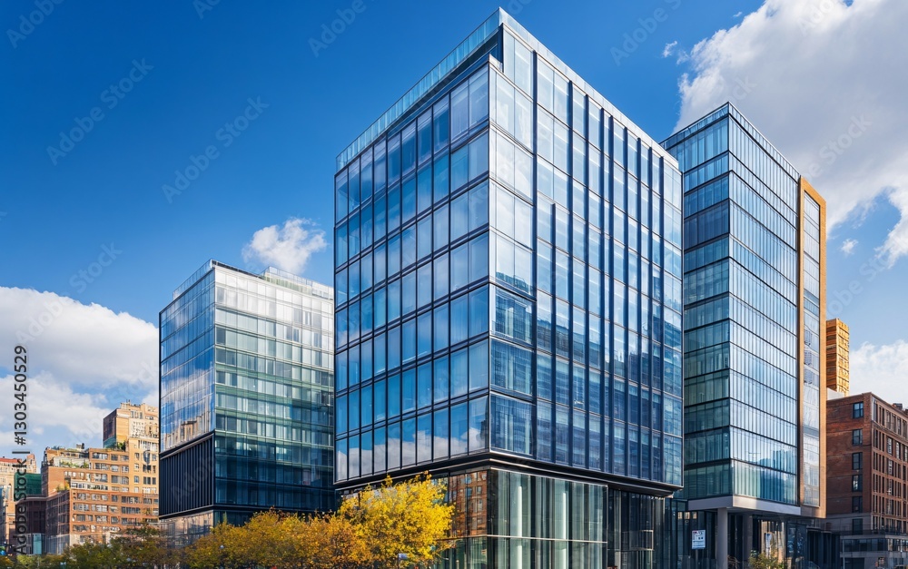 Obraz premium Modern Architectural Marvel: A stunning contemporary building with a sleek glass facade and modern architecture against a backdrop of a vibrant blue sky.