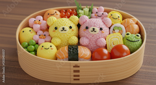 A cute 3D-rendered bento box with bear-shaped rice balls, sushi, and colorful cartoon-style food in a smooth wooden container. Aesthetic, playful, and beautifully arranged. 