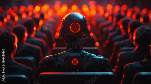Humanoid AI leader addresses futuristic assembly on cyber sovereignty and high-tech diplomacy in a neon atmosphere