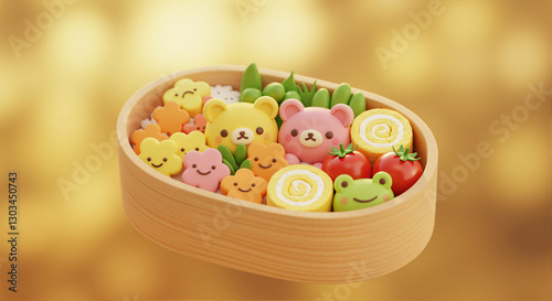 A cute 3D-rendered bento box with bear-shaped rice balls, sushi, and colorful cartoon-style food in a smooth wooden container. Aesthetic, playful, and beautifully arranged. 