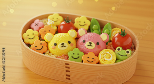 A cute 3D-rendered bento box with bear-shaped rice balls, sushi, and colorful cartoon-style food in a smooth wooden container. Aesthetic, playful, and beautifully arranged. 