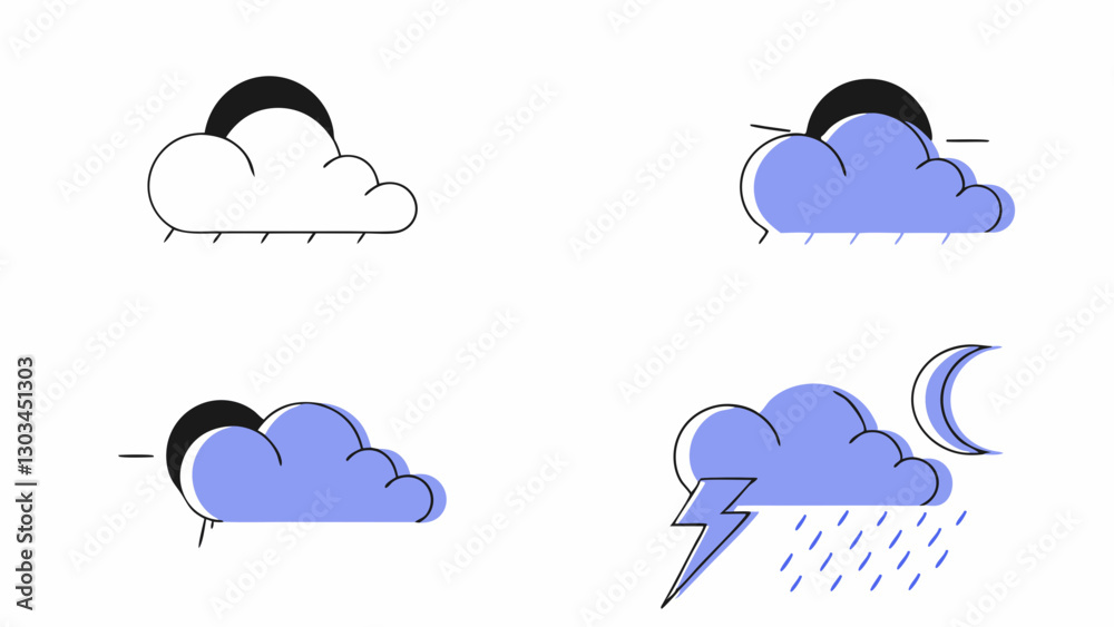 Simple weather icons showcasing clouds, sun, and lightning in a minimalistic design
Simple weather icons showcasing clouds, sun, and lightning in a minimalistic design