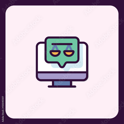 Online justice concept illustration with balanced scales on monitor screen