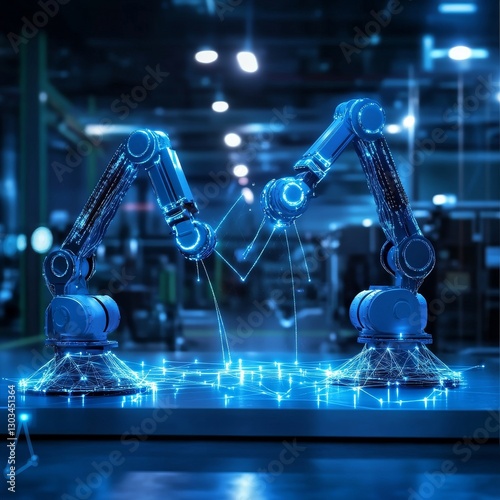 Mechanized industry robot arm in blue light and glowing lights background
