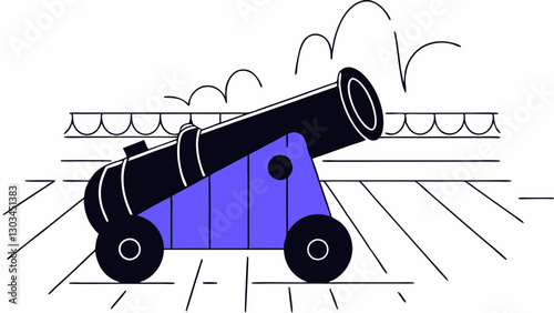 Cartoon cannon on a wooden deck, colorful graphic design, black and purple colors, copy space
