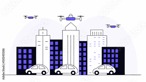 City skyline with drones flying over buildings, modern illustration, blue and white colors, copy space