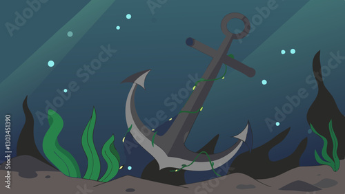 Underwater scene with a rusty anchor surrounded by seaweed and bubbles
