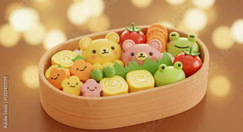 A cute 3D-rendered bento box with bear-shaped rice balls, sushi, and colorful cartoon-style food in a smooth wooden container. Aesthetic, playful, and beautifully arranged. 