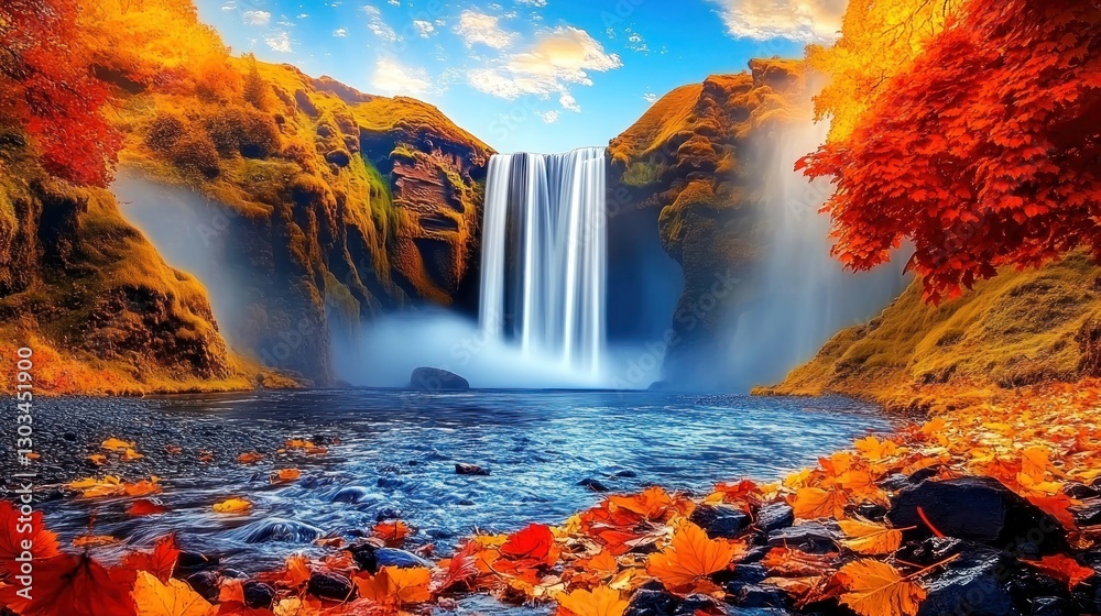 Fototapeta premium Autumn Waterfall Iceland Landscape