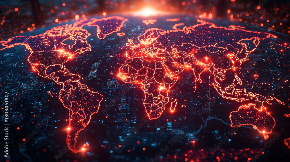 Cyber threat vectors illuminate global map with simultaneous zero-day attacks highlighting current cyber warfare landscape