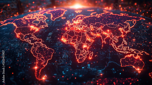 Obraz na płótnie Cyber threat vectors illuminate global map with simultaneous zero-day attacks highlighting current cyber warfare landscape w salonie