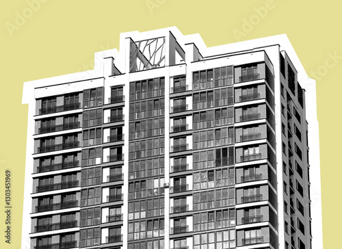 Modern high-rise condominium in the city with a gray exterior. Multi-story building offering residential accommodation and investment opportunities. New development in an urban metropolitan