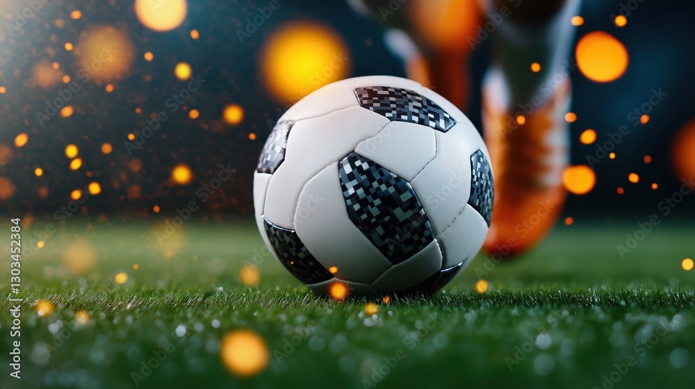 Fototapeta premium Close-up of soccer player's foot striking the ball on a vibrant green field during an intense game