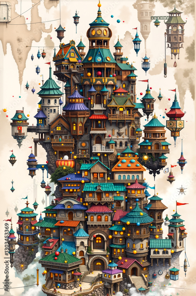 A drawing of a city with a lot of buildings on top of it A drawing of a city with a lot of buildings on top of it