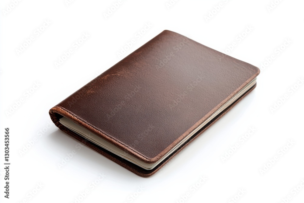 A weathered leather notebook resting softly on a pristine white surface, inviting thoughts and ideas isolated on transparent background A weathered leather notebook resting softly on a pristine white surface, inviting thoughts and ideas isolated on transparent background