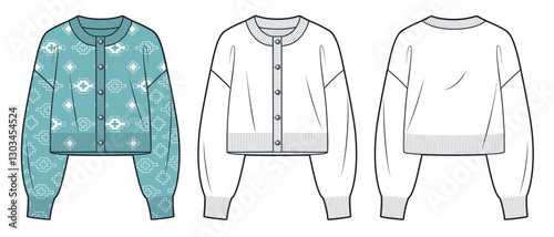 Knitted Cardigan Technical Fashion Illustration. Cropped Sweater fashion flat technical drawing template, round neck, buttons, front and back view, white, green, women, men, unisex CAD mockup set.
