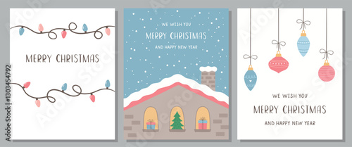 A set of cute Christmas cards. Romantic New Year's collection. Vector illustration