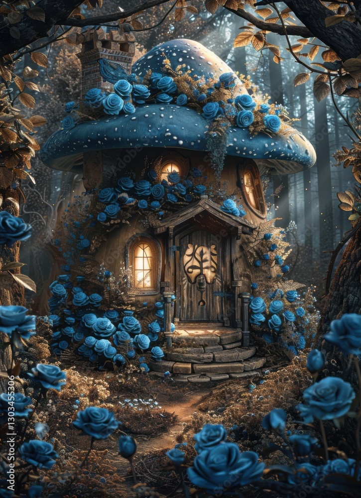 Fototapeta premium Enchanted Cottage Surrounded by Blue Roses in a Mystical Forest