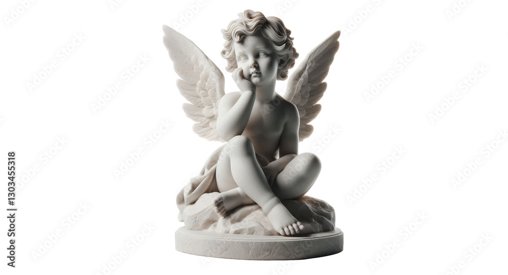 Fototapeta premium cherub marble stone statue, angel with wings isolated on transparent background - Fictional Person, PNG file, cut out graphic resource on white backround