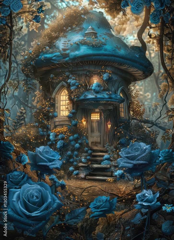 Fototapeta premium Enchanted fairy tale cottage surrounded by blue roses and mist