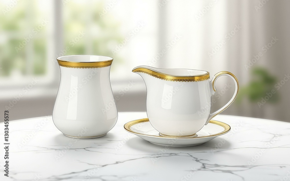 Fototapeta premium Digital Illustration of White Porcelain Pitcher and Cup with Gold Trim on Marble Table