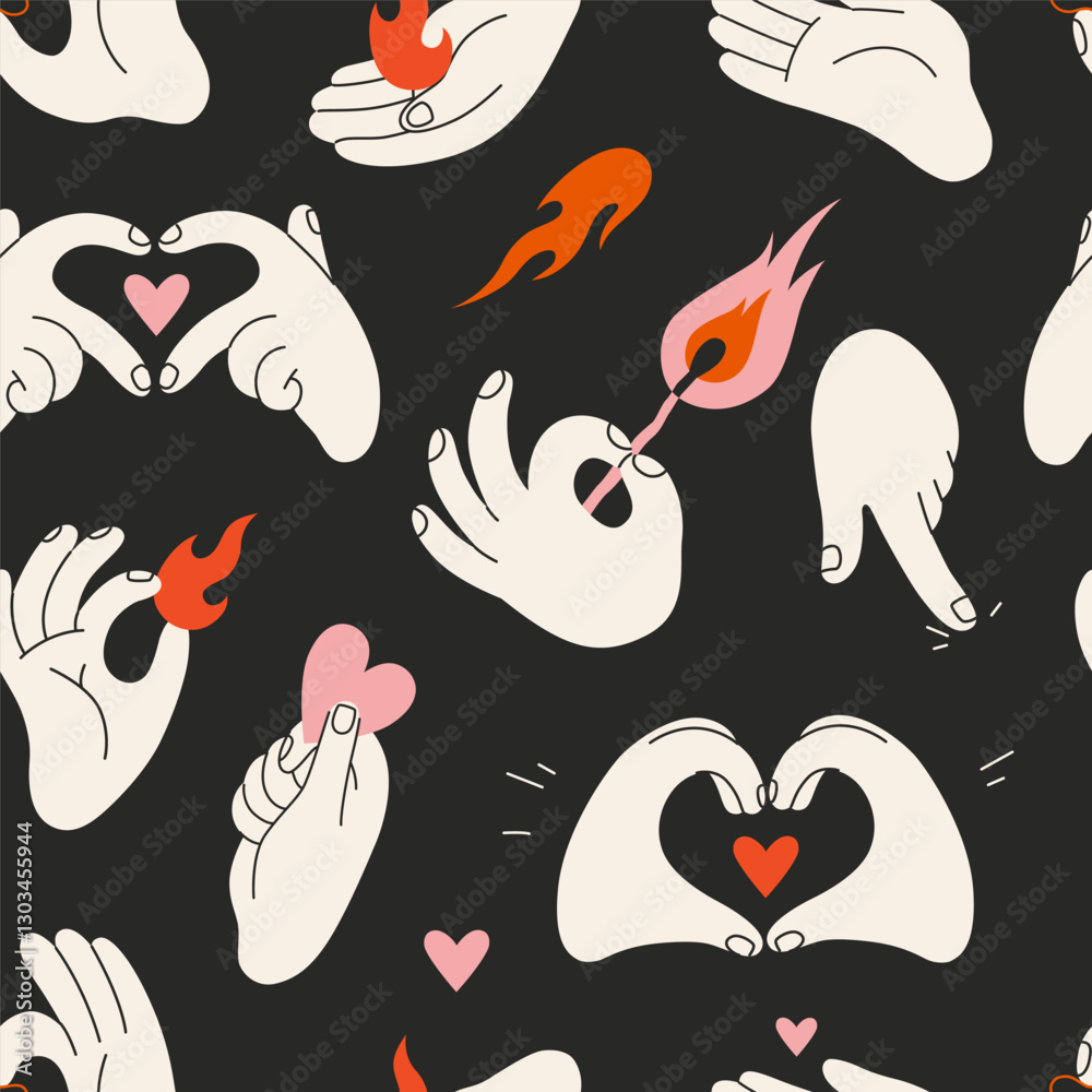 Seamless pattern with white Hands gestures, flames, match and heart. Love, passion and creativity concept. Trendy modern vector illustration on black background, hand drawn, flat design.