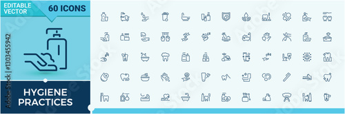 Hygiene Practices line icons. Featuring dirty, use, care, bacteria, dirt, antiseptic and more. Expanded stroke. Minimalistic icon collections.