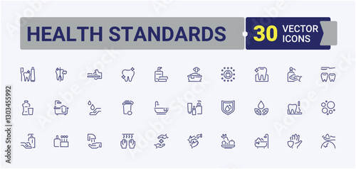 Health Standards icon set. Contains related to paper, shower, anti, protect, hand, dirt and more. Expanded stroke. Minimalistic icon collections.