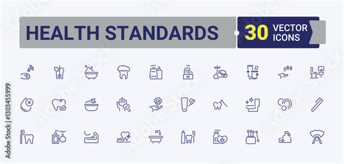 Health Standards icon set. Contains related to paper, shower, anti, protect, hand, dirt and more. Expanded stroke. Minimalistic icon collections.