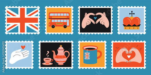 Set of cute hand-drawn post stamps with British culture symbols like flag, tea, red bus and Hands gestures. Learning English language concept. Trendy modern vector illustartions, flat design