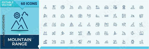 Mountain Range modern icon. Containing tourism, range, shape, camp, landscape, top, explore, pine. Thin outline icons pack. Minimalist editable vector stroke.