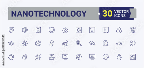 Nanotechnology line icons set. Pack of ai, engine, molecule, monitor, microscope, idea, computer and more. Pixel perfect. Editable stroke icon collections.