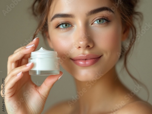 A young woman with beautiful, flawless skin holding a cream in her hand, suggesting that she may be involved in skincare or testing cosmetic products.