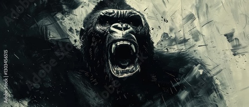A powerful gorilla roars ferociously, set against a dark and chaotic background that enhances the sense of fear and tension in a horror movie atmosphere.