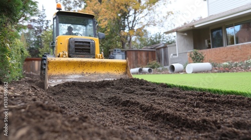 Landscaping tractor leveling dirt in residential yard