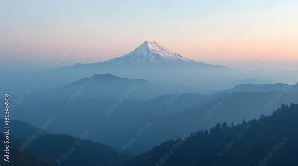 Mount Fuji Snow Capped Peak Hazy Blue Dawn Scenic Landscape View Mount Fuji Snow Capped Peak Hazy Blue Dawn Scenic Landscape View