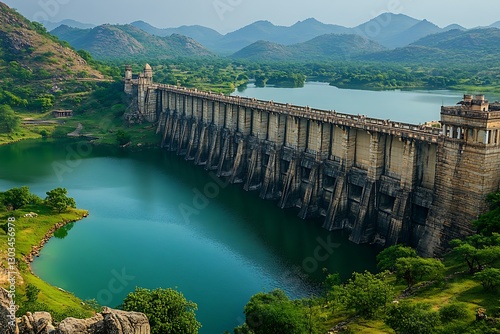 Dam holds back waters in mountain valley
