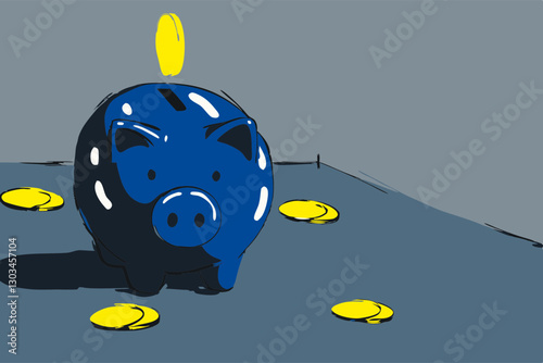 Glossy Blue Piggy Bank With Gold Coins On A Dark Surface. Concept Of Savings, Wealth, And Financial Security. Suitable For Banking, Investment, And Personal Finance Themes.