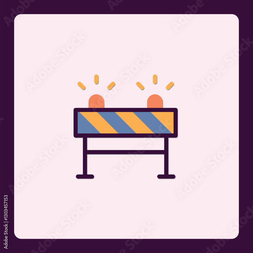 Stylized construction barrier icon with hazard stripes and signal lights