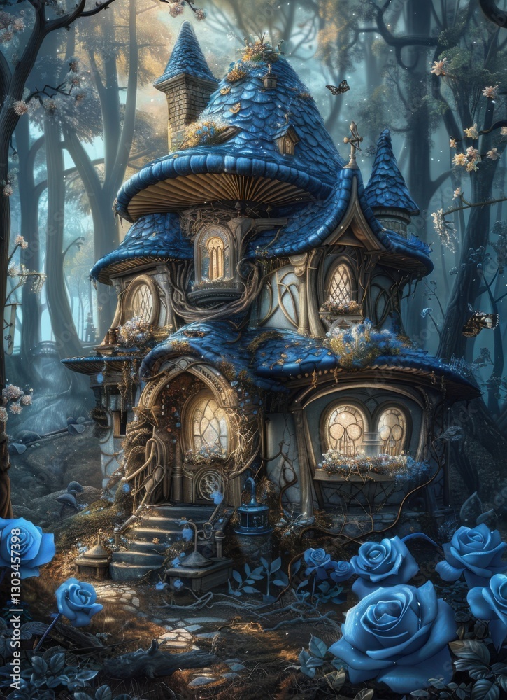 Fototapeta premium Enchanted Woodland Cottage Surrounded by Mystical Blue Roses