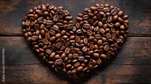 Heart shape made of coffee beans, soft morning lighting, heart shape carefully arranged with aromatic coffee beans on rustic wooden surface