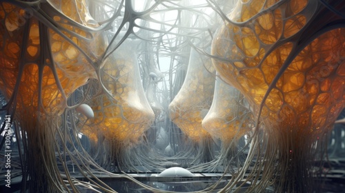 Entangled organic structures create a bioluminescent architectural dreamscape