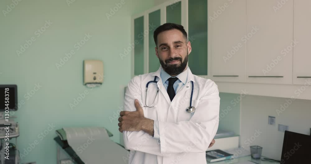 Serious handsome young Latin doctor man in medical white coat posing for professional portrait in hospital office, folding arms in confident gesture, getting happy, smiling, looking at camera