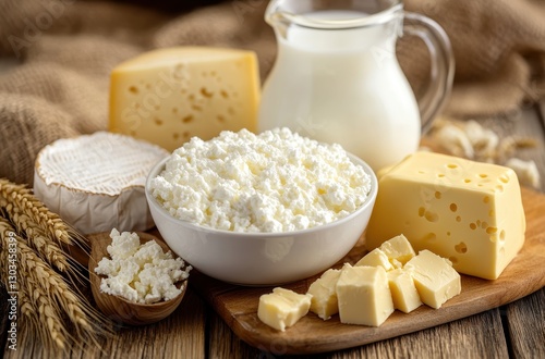 Fresh dairy products including soft cheese, hard cheese, milk, creamy cottage cheese, and rustic wooden background with wheat elements for culinary topics