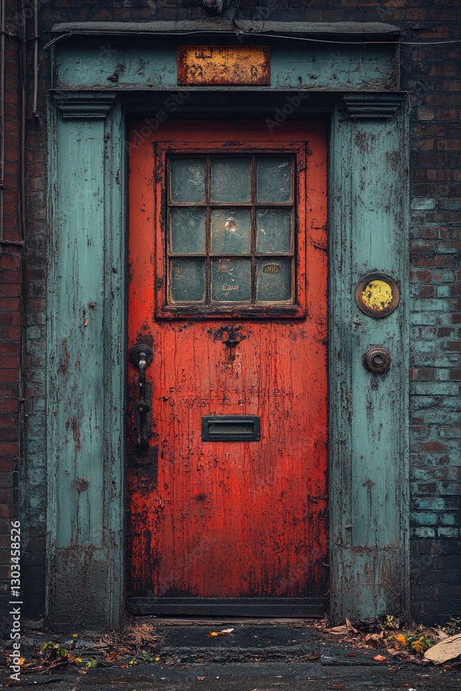 A classic red door with a clock installed, perfect for various settings such as offices, homes or even fantasy scenes A classic red door with a clock installed, perfect for various settings such as offices, homes or even fantasy scenes