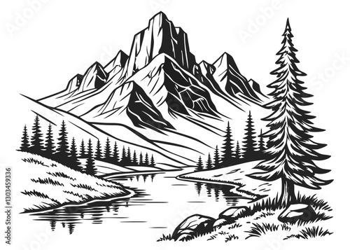 Black and White Mountain Landscape with River and Pine Trees – Vintage Nature Illustration