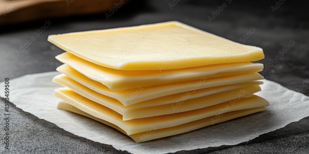 Layers of cheese slices stacked neatly on parchment paper in a kitchen setting Layers of cheese slices stacked neatly on parchment paper in a kitchen setting