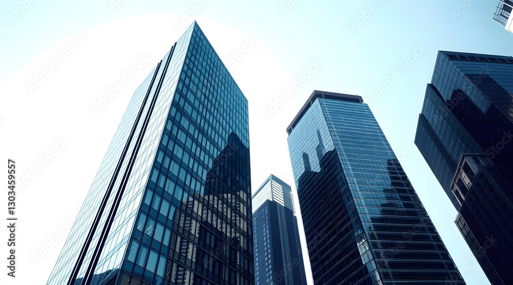 Dynamic view of modern skyscrapers with glass facades, showcasing a unique perspective against a bright blue sky, reflecting contemporary urban architecture. Dynamic view of modern skyscrapers with glass facades, showcasing a unique perspective against a bright blue sky, reflecting contemporary urban architecture.
