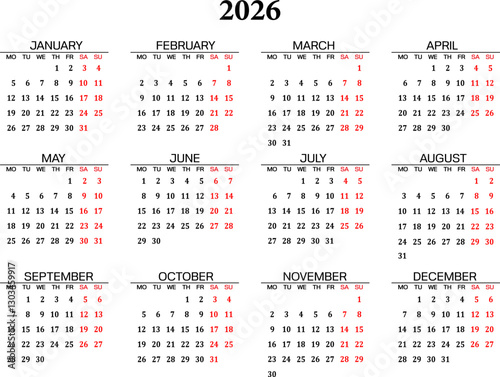 calendar grid for 2026 with days off in Russian and English, vector